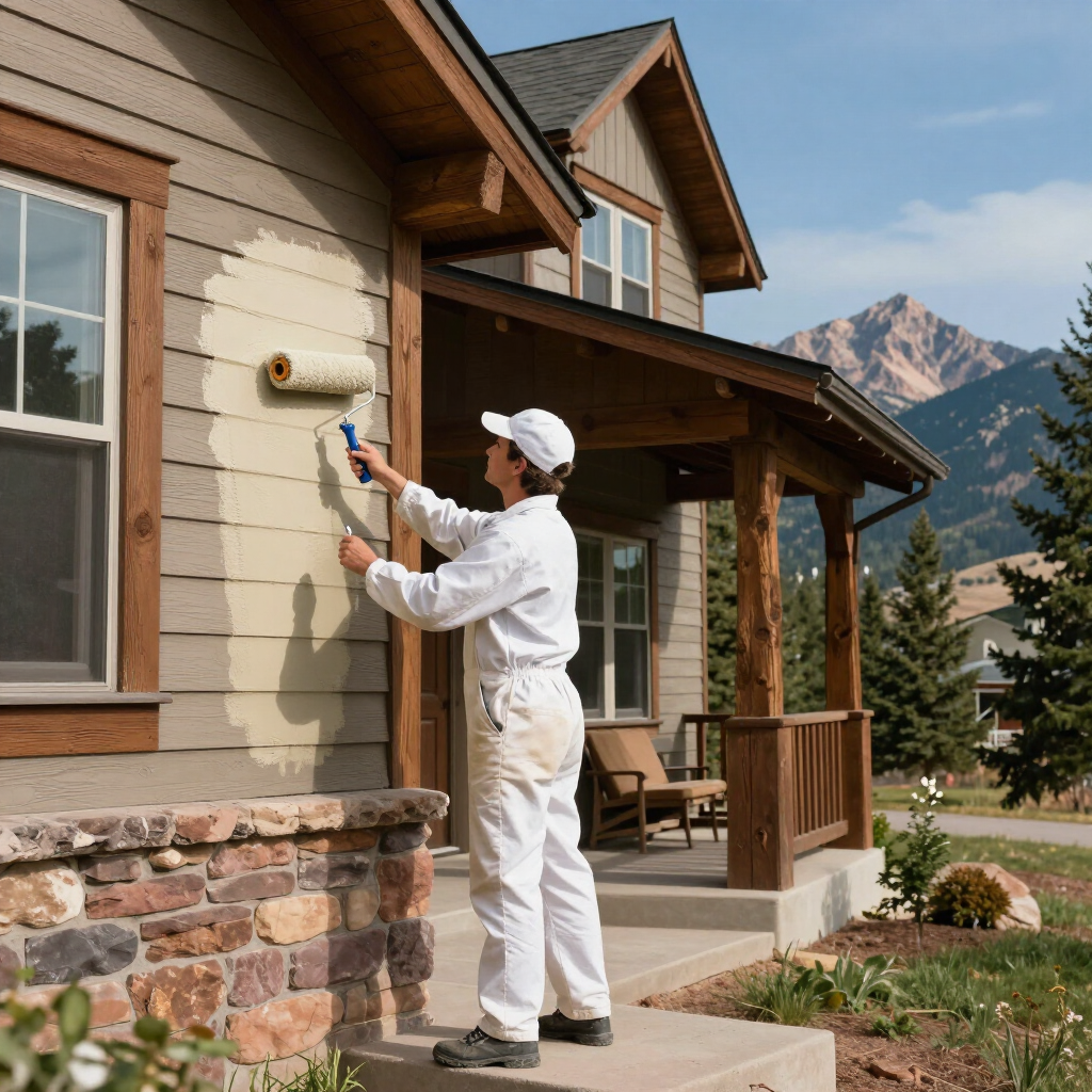Painter in white coveralls paints the exterior wall of a beige house with mountains in the background