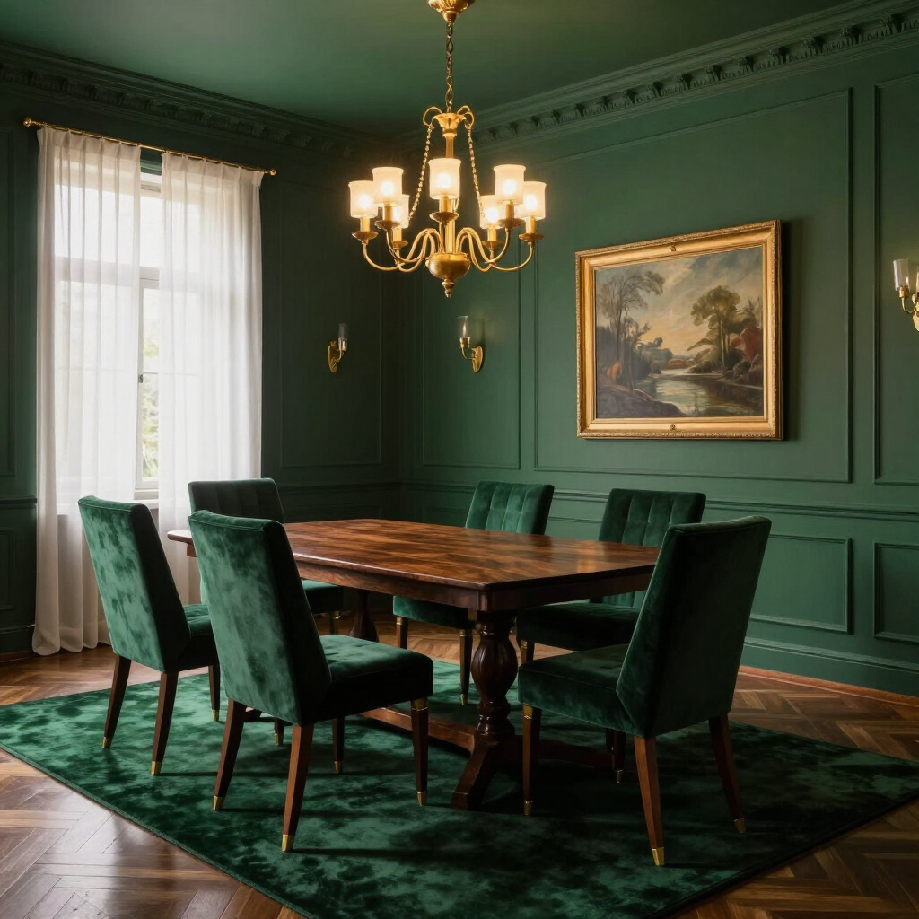 Elegant dining room with dark green walls, wood table, chairs, chandelier, and a framed landscape painting