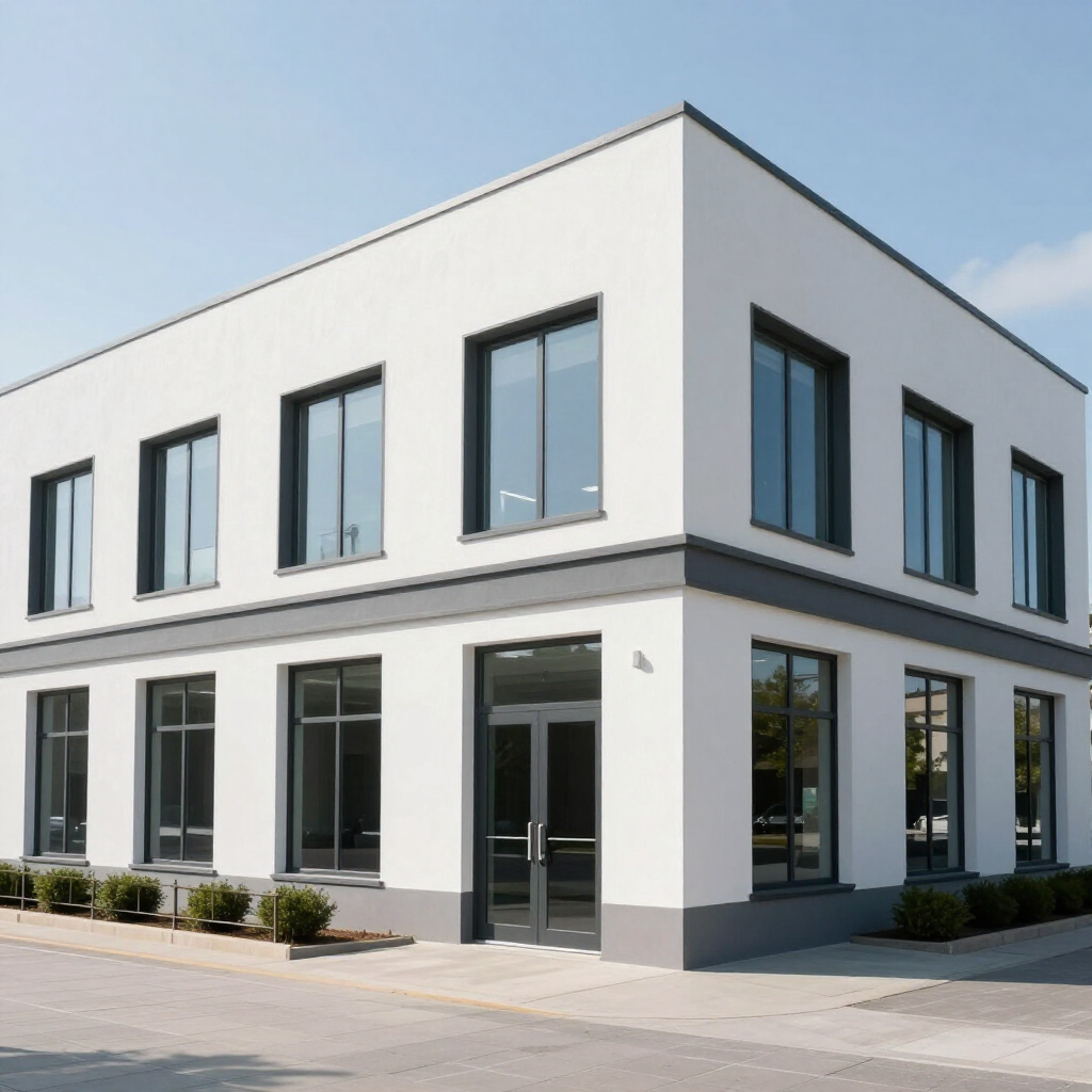 Modern white two-story commercial building with large windows and a glass entrance