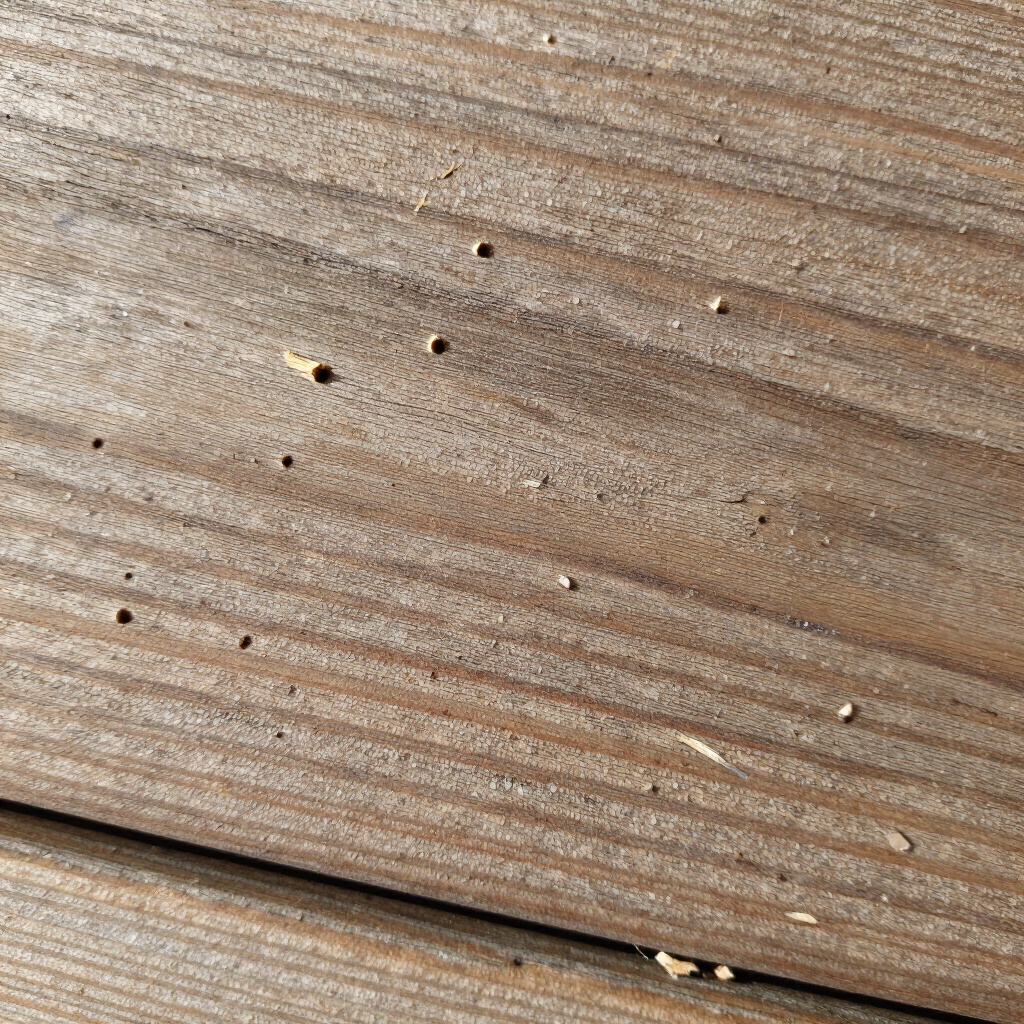 Close-up of weathered brown wooden boards with small holes and scattered debris