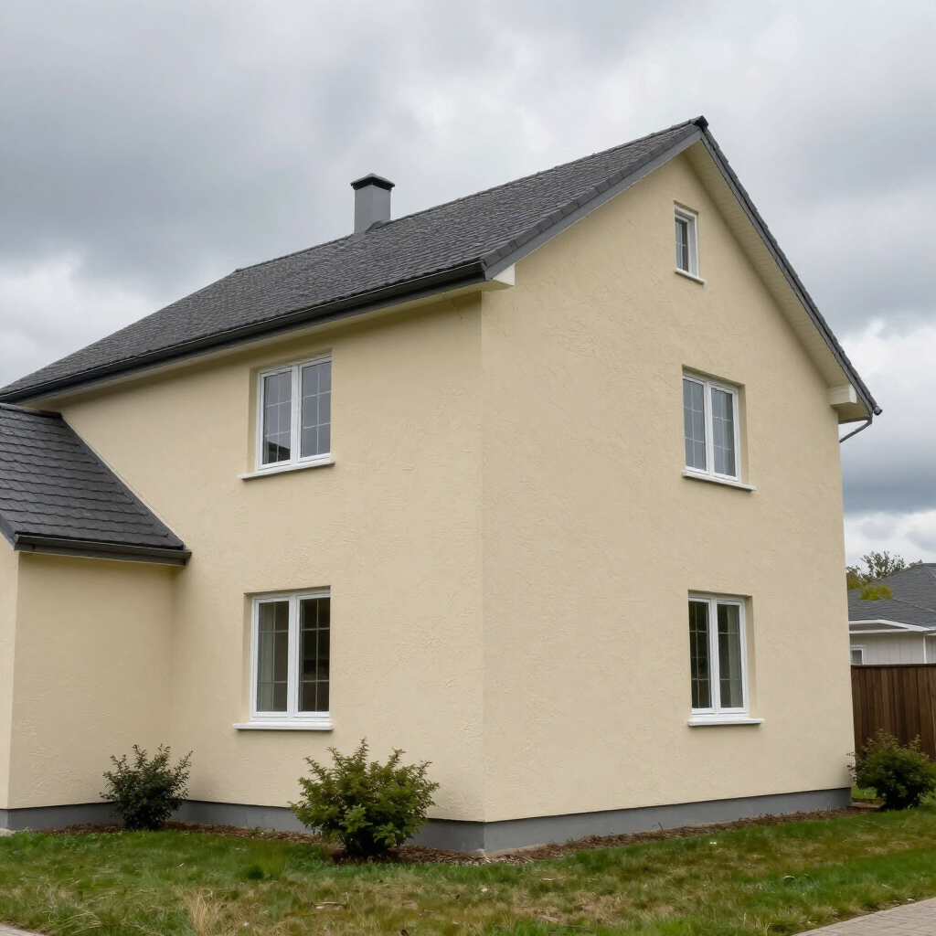 Beige two-story house with gray roof and white-trimmed windows on a grassy lot