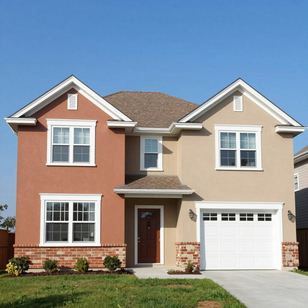 Two-story suburban house with tan and salmon siding, a garage, and a small front lawn under a clear blue sky