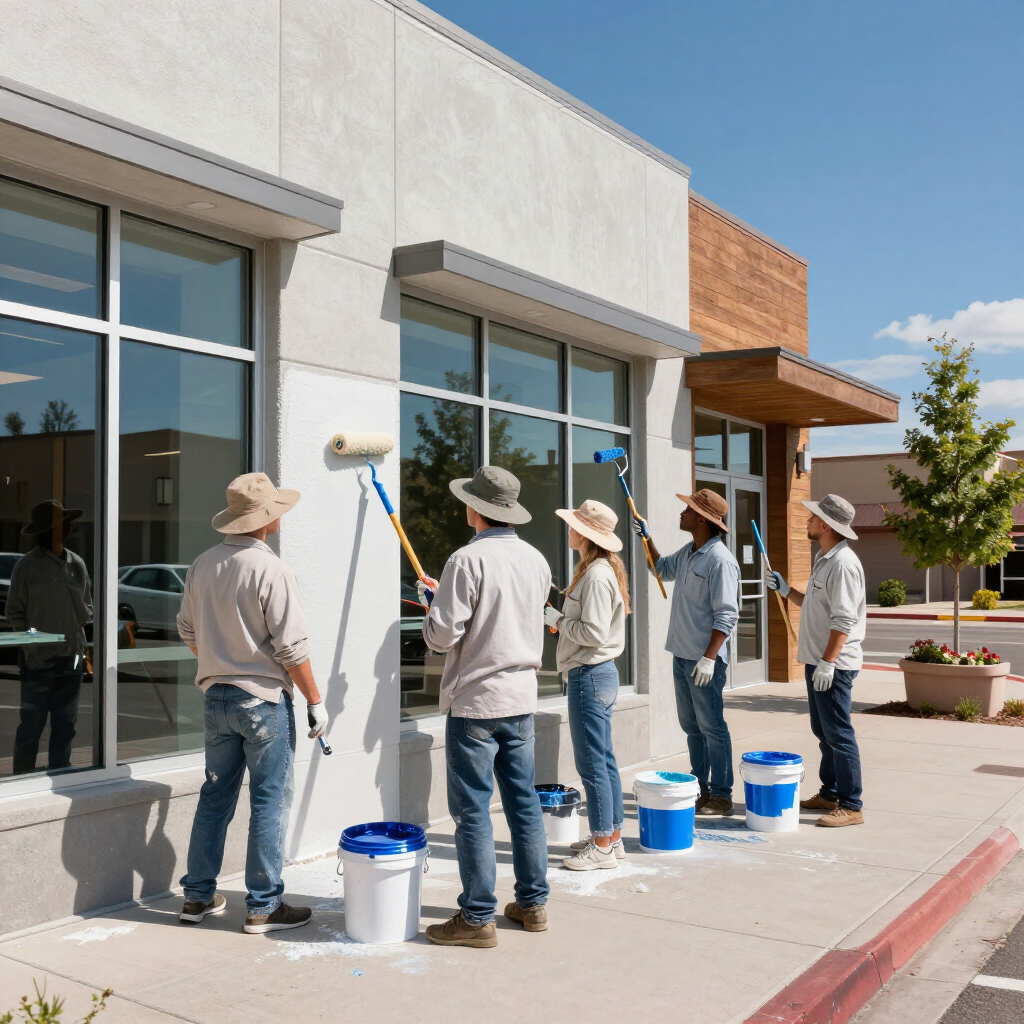 Workers painting a storefront exterior with white paint buckets and a ladder on the sidewalk