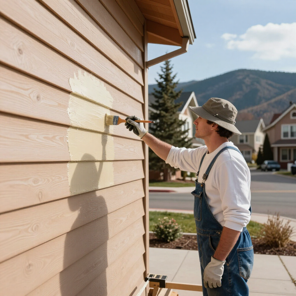 Painter applying beige paint to a house exterior with a brush near a window