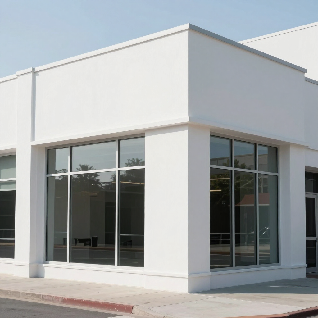 Empty white corner storefront with large glass windows on a sunny street