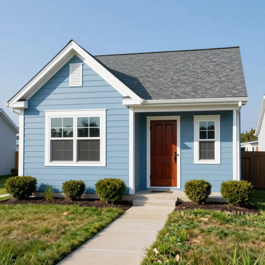 Small blue house with white trim, red front door, and a front walkway with shrubs.