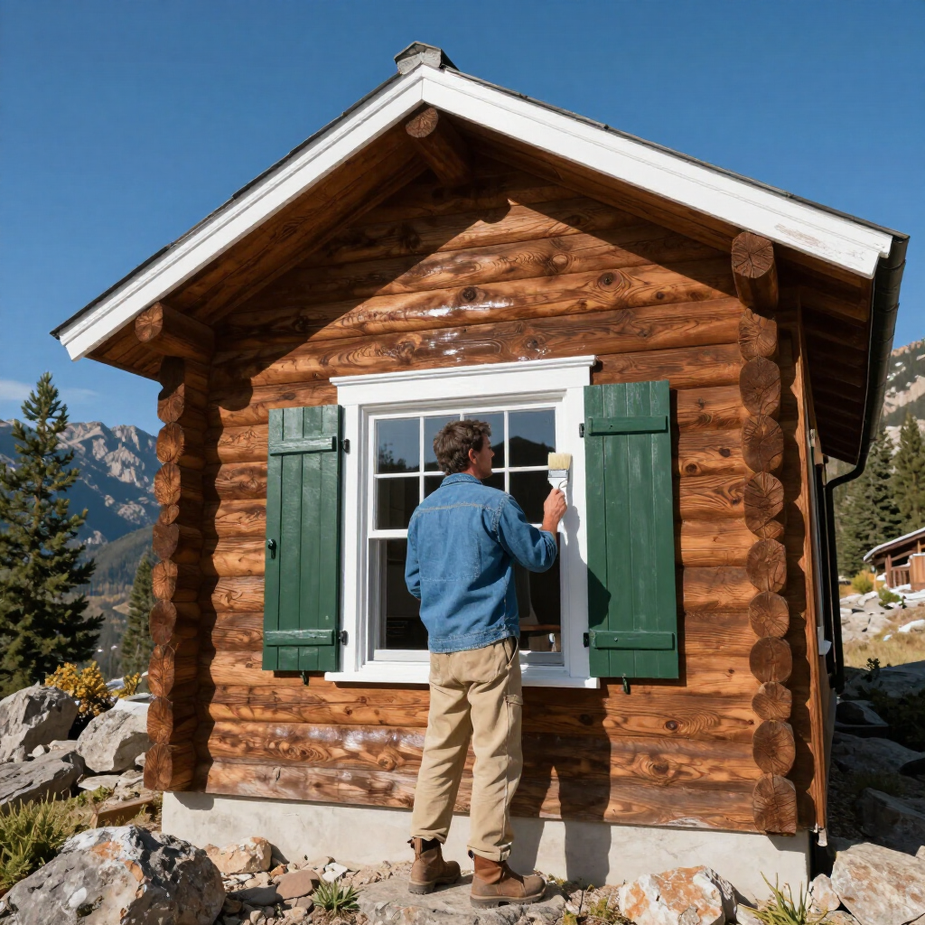 Person painting a small wooden cabin’s window trim, with green shutters and mountains in the background