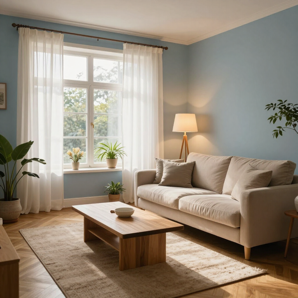 Cozy living room with beige sofa, wooden coffee table, rug, and sunlight through sheer curtains.