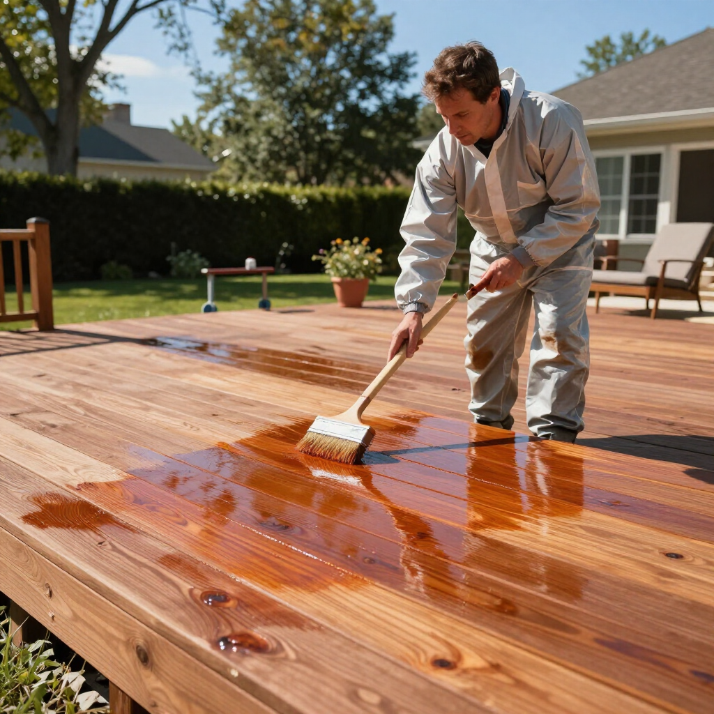 Person staining a wooden deck with a brush in a sunny backyard.