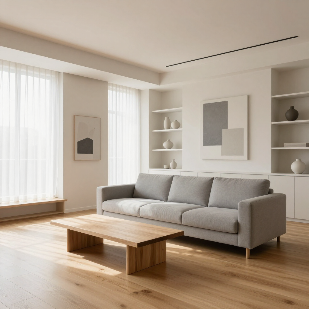 Minimalist living room with gray sofa, wooden coffee table, and large windows with sheer curtains