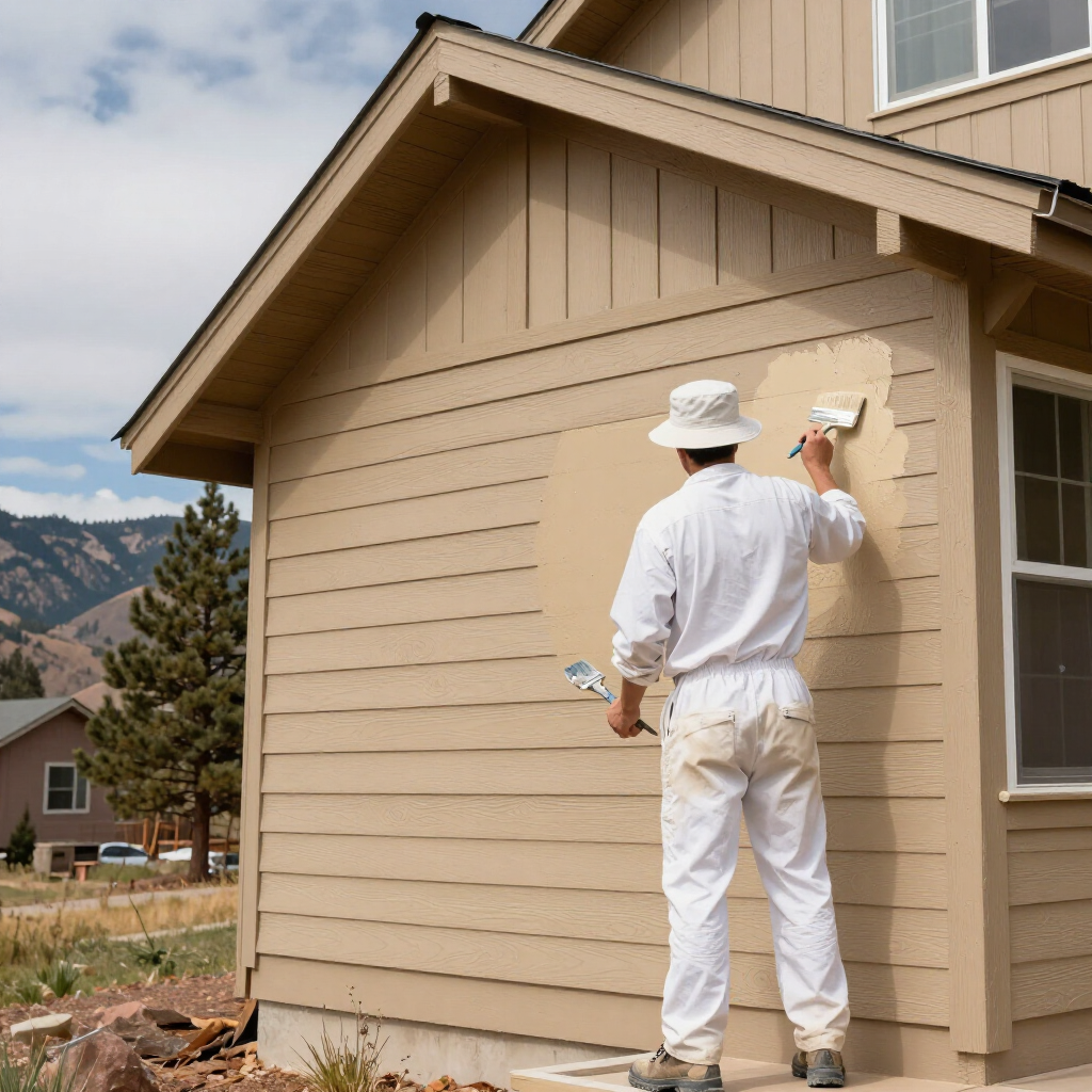 Painter in white workwear painting the tan exterior wall of a house outside.