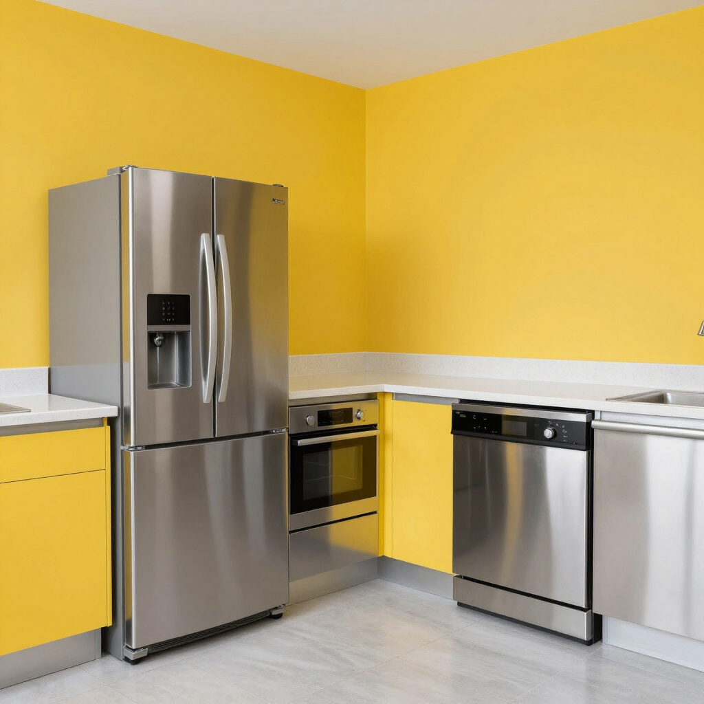 Modern kitchen with bright yellow walls, stainless steel refrigerator, oven, and dishwasher
