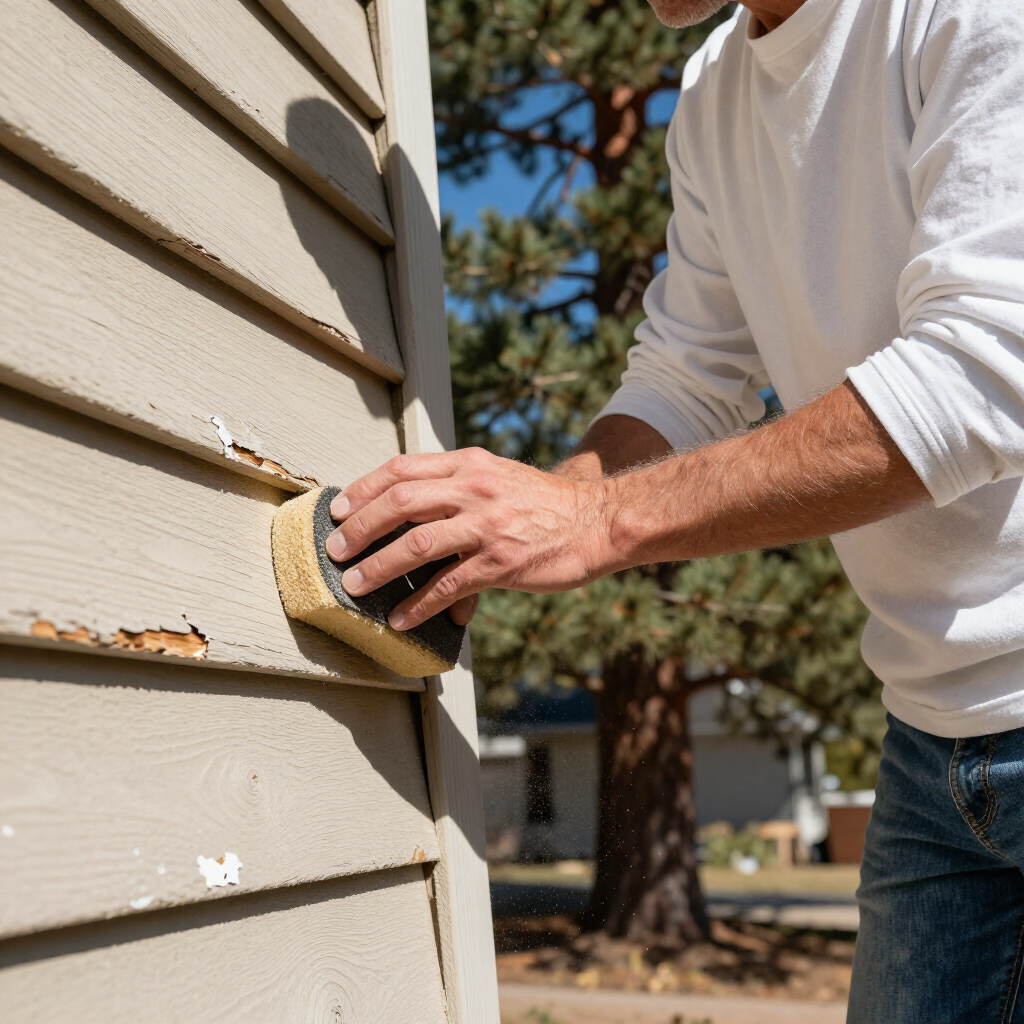 Person sanding peeling paint on an outdoor house wall with a round sanding block