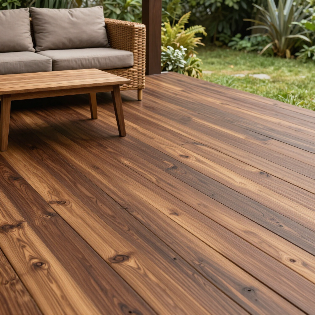 Wooden outdoor deck with a wicker sofa and low coffee table beside a garden lawn