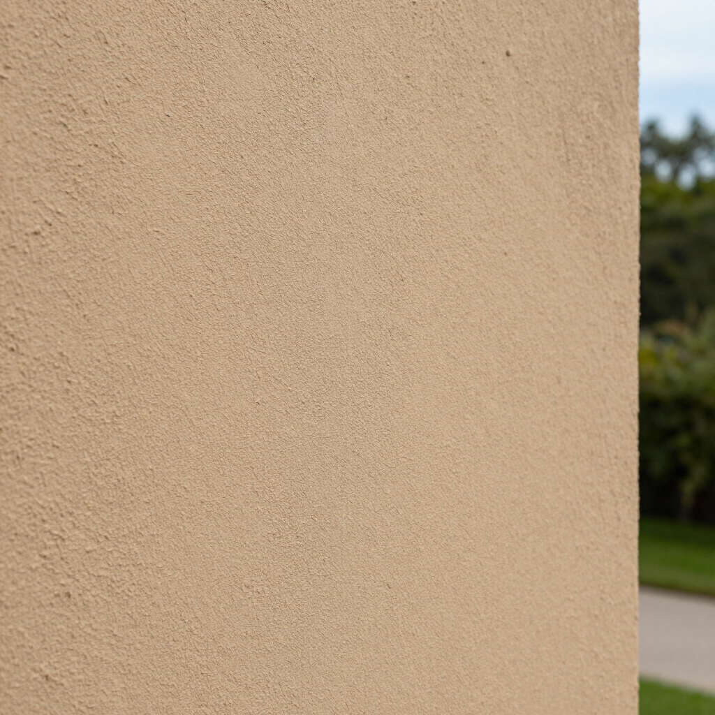 Close-up of a beige stucco wall with blurred greenery and a sidewalk in the background
