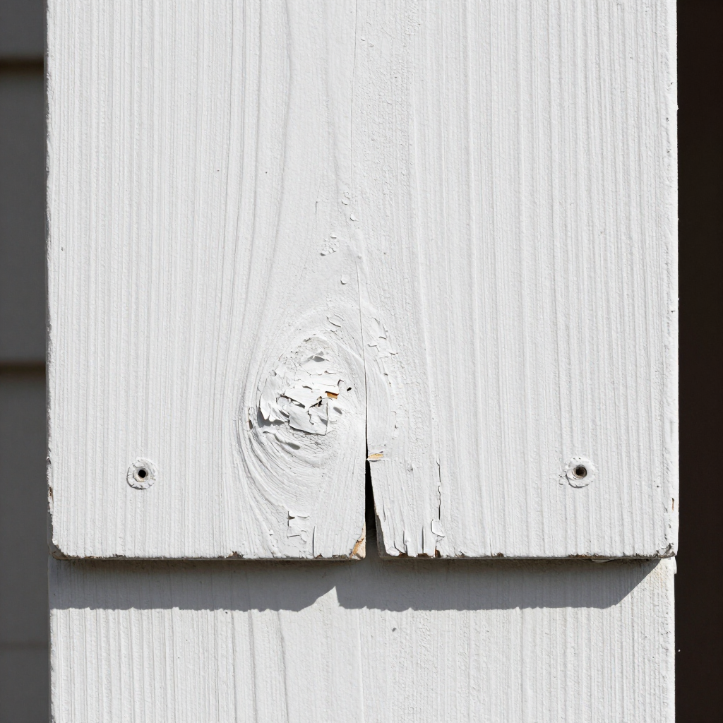 White painted wooden boards with a knot, split crack, and two screw holes.