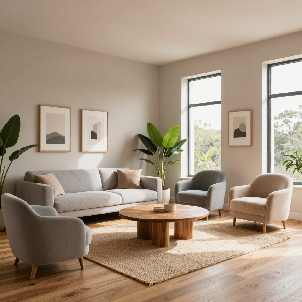 Bright modern living room with beige sofas, armchairs, round wooden coffee table, and large windows