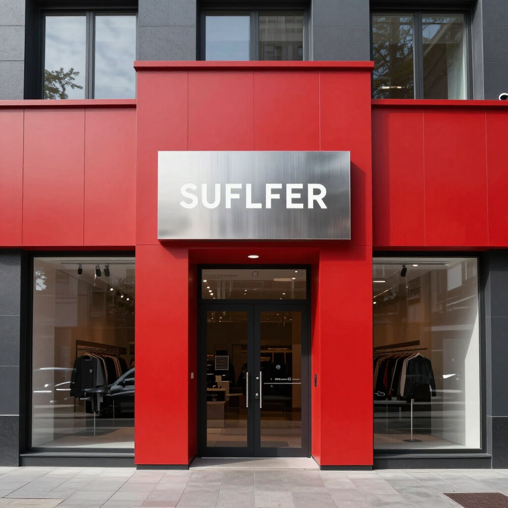 Red storefront with a silver sign reading “SULFLER” above the entrance.