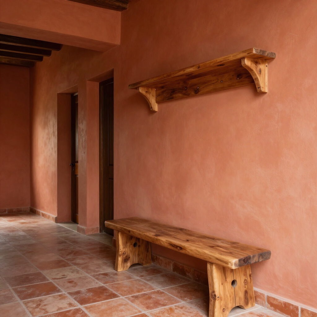 Rustic terracotta corridor with a wooden bench and wall shelf on peach stucco walls
