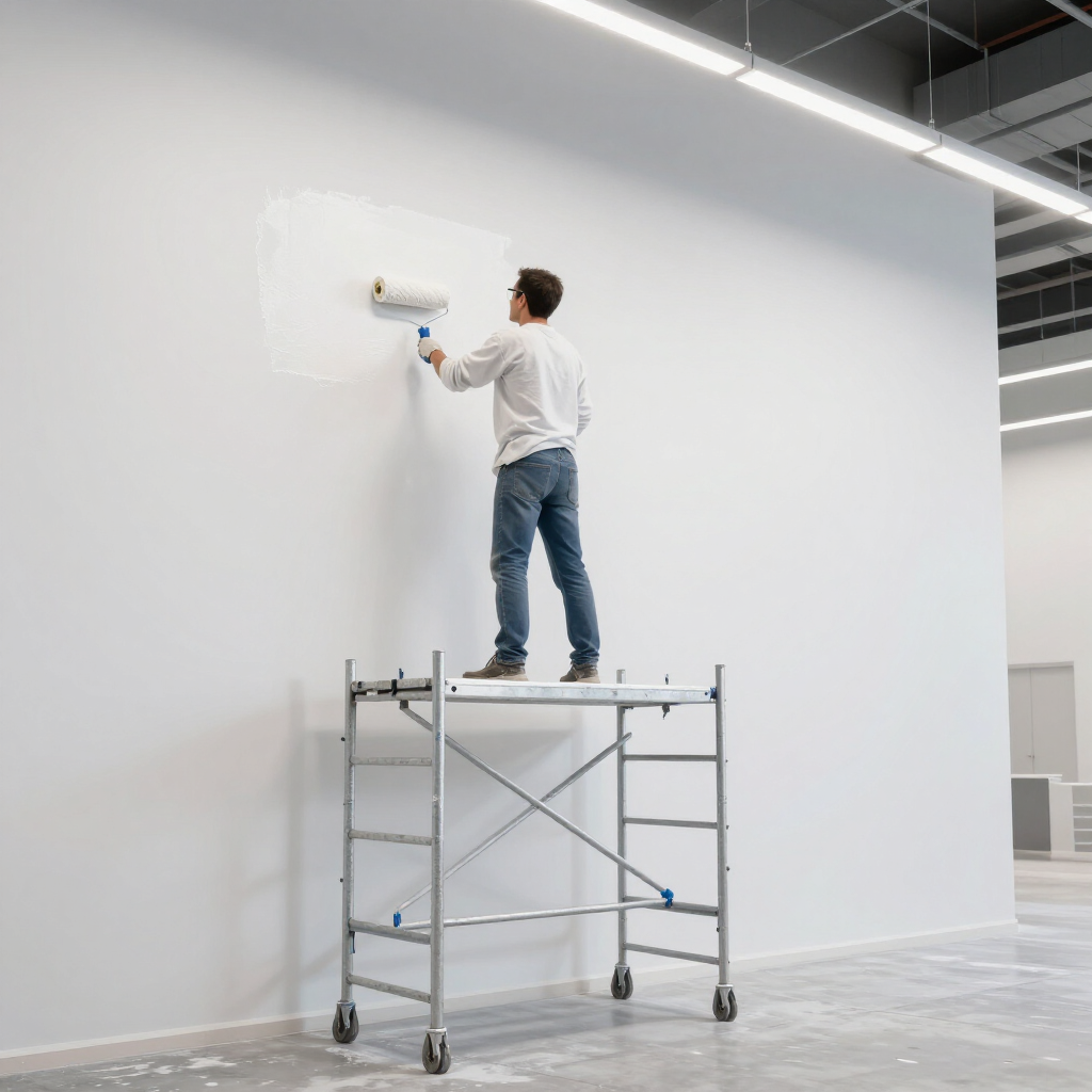 Worker painting a large white wall from a scaffold in a bright, empty room