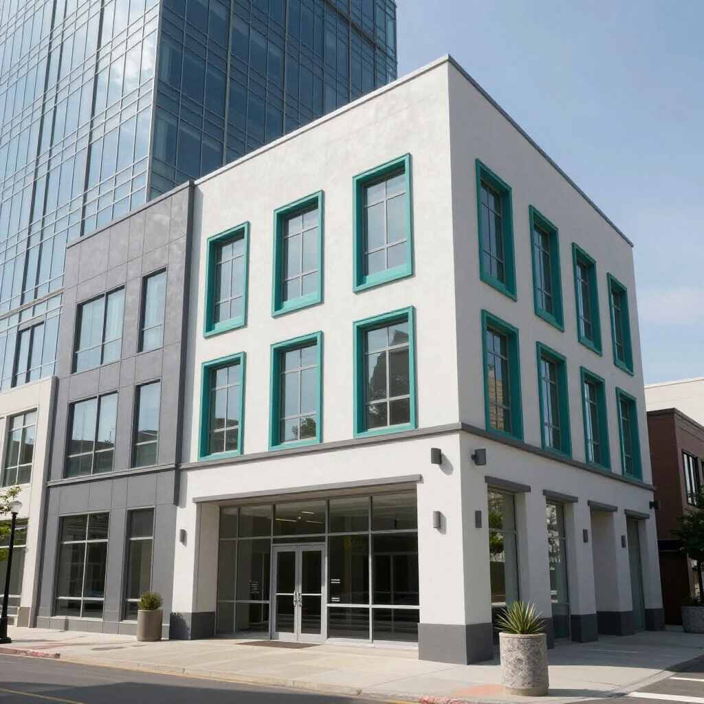 Modern office building with large windows and a white-and-gray facade on a city street