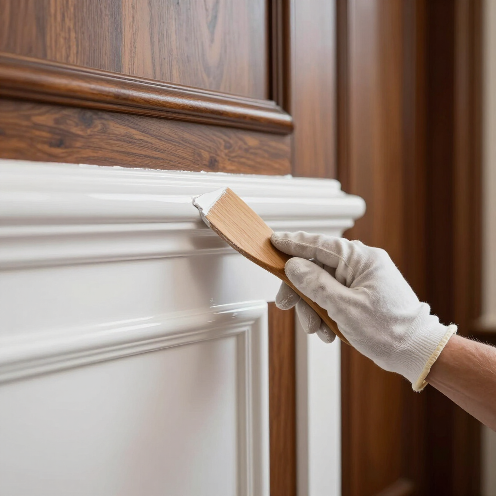 Gloved hand sanding white trim beneath a wood wall panel with a sanding block