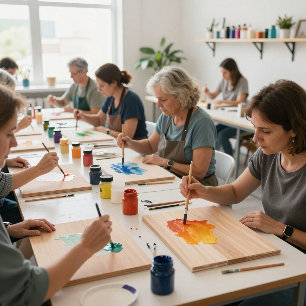 People painting at tables in a bright art class, creating colorful abstract designs on wood panels
