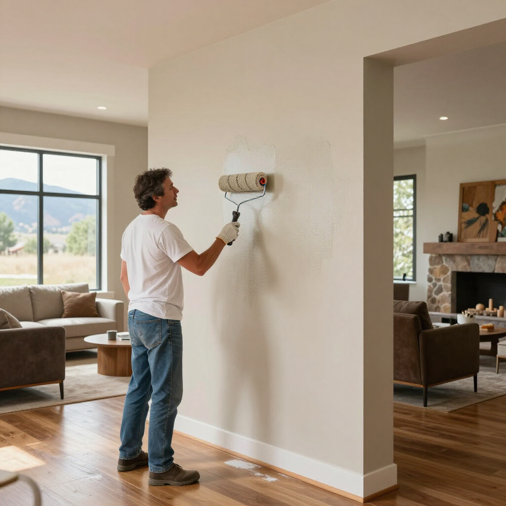 Man painting a beige living room wall with a roller in a bright, modern home