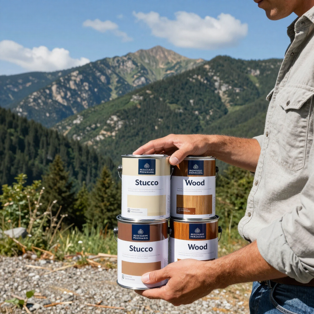 Person holding four paint cans labeled Stucco and Wood in a mountain outdoor setting