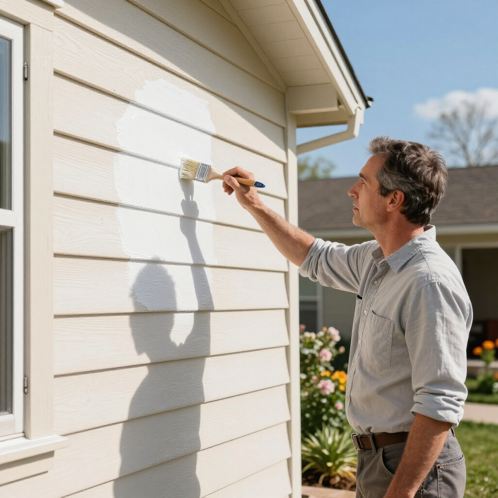 Man painting white house siding with a brush outdoors in sunlight