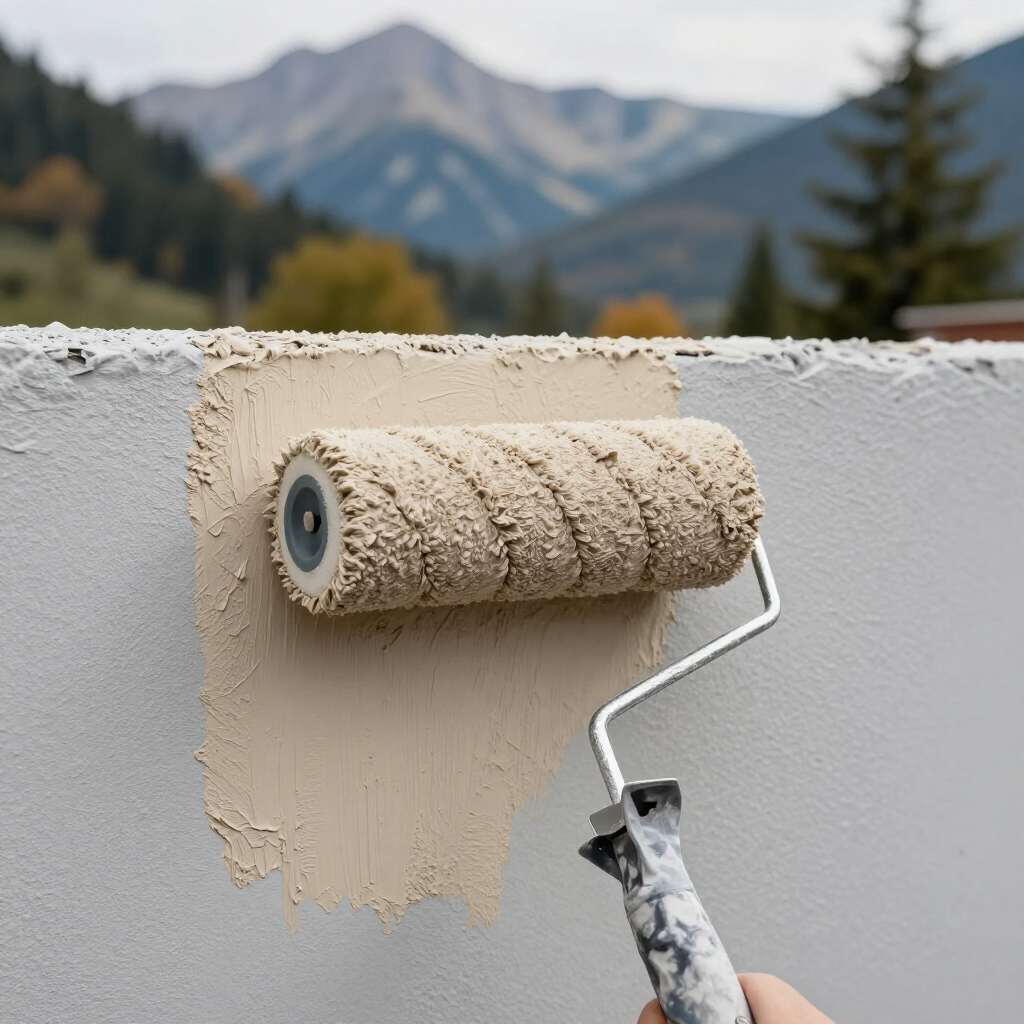 Person painting a beige wall with a roller, mountains blurred in the background