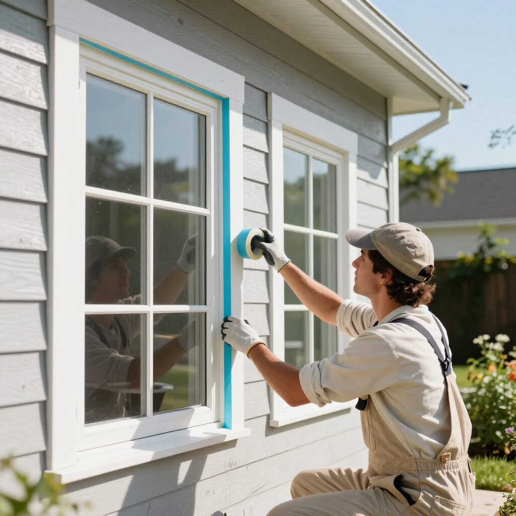 Worker painting white window trim on a house exterior with a roller and blue painter’s tape