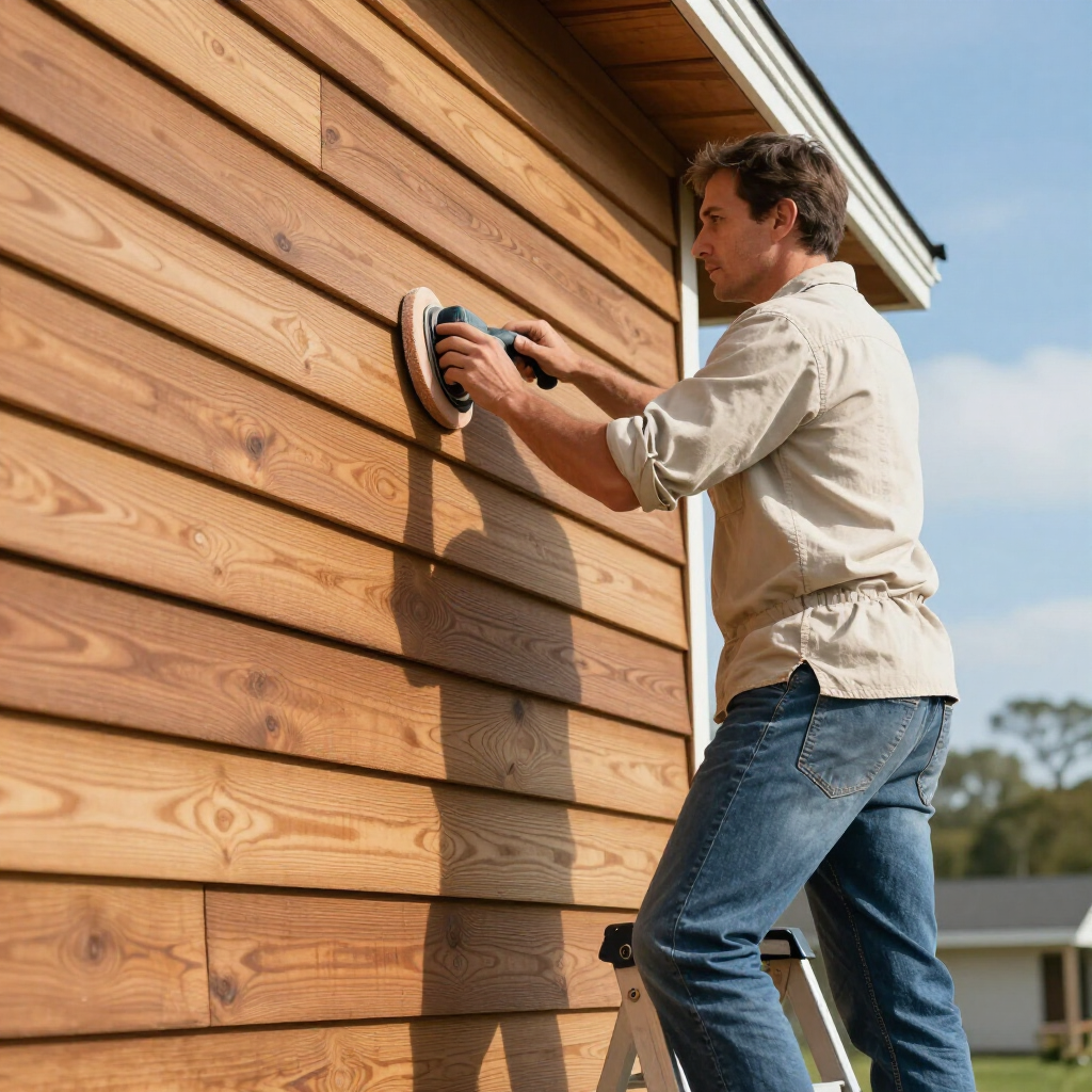 Person using a power sander on a wood-sided house exterior