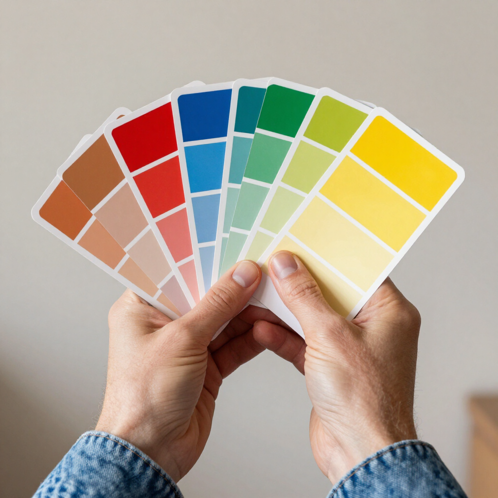 Hands fanning color swatches, showing a spectrum from red to yellow against a neutral background