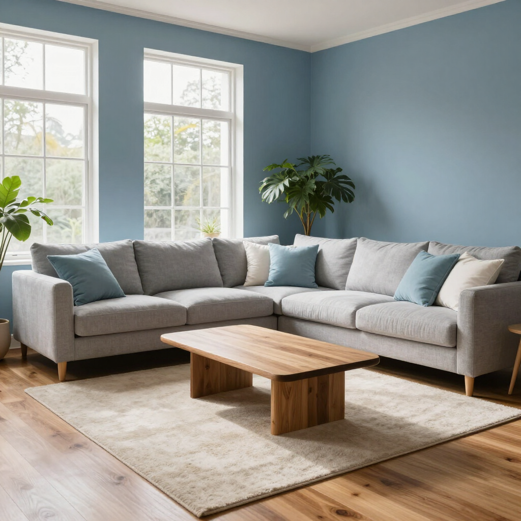 Bright living room with a gray sectional, wooden coffee table, blue walls, and large windows