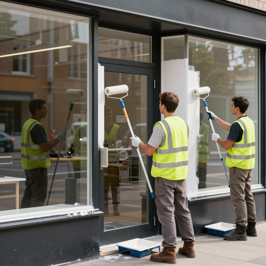 Workers painting a storefront window frame with rollers outside a glass-fronted building