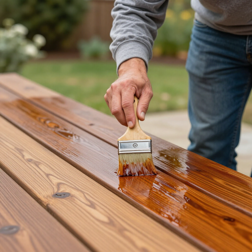 Hand brushing glossy amber stain onto a wooden bench outdoors