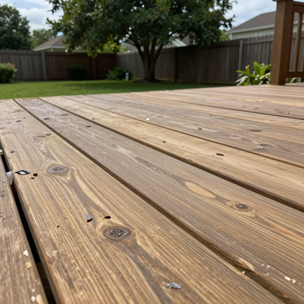 Wooden backyard deck with a fenced lawn and trees in the background