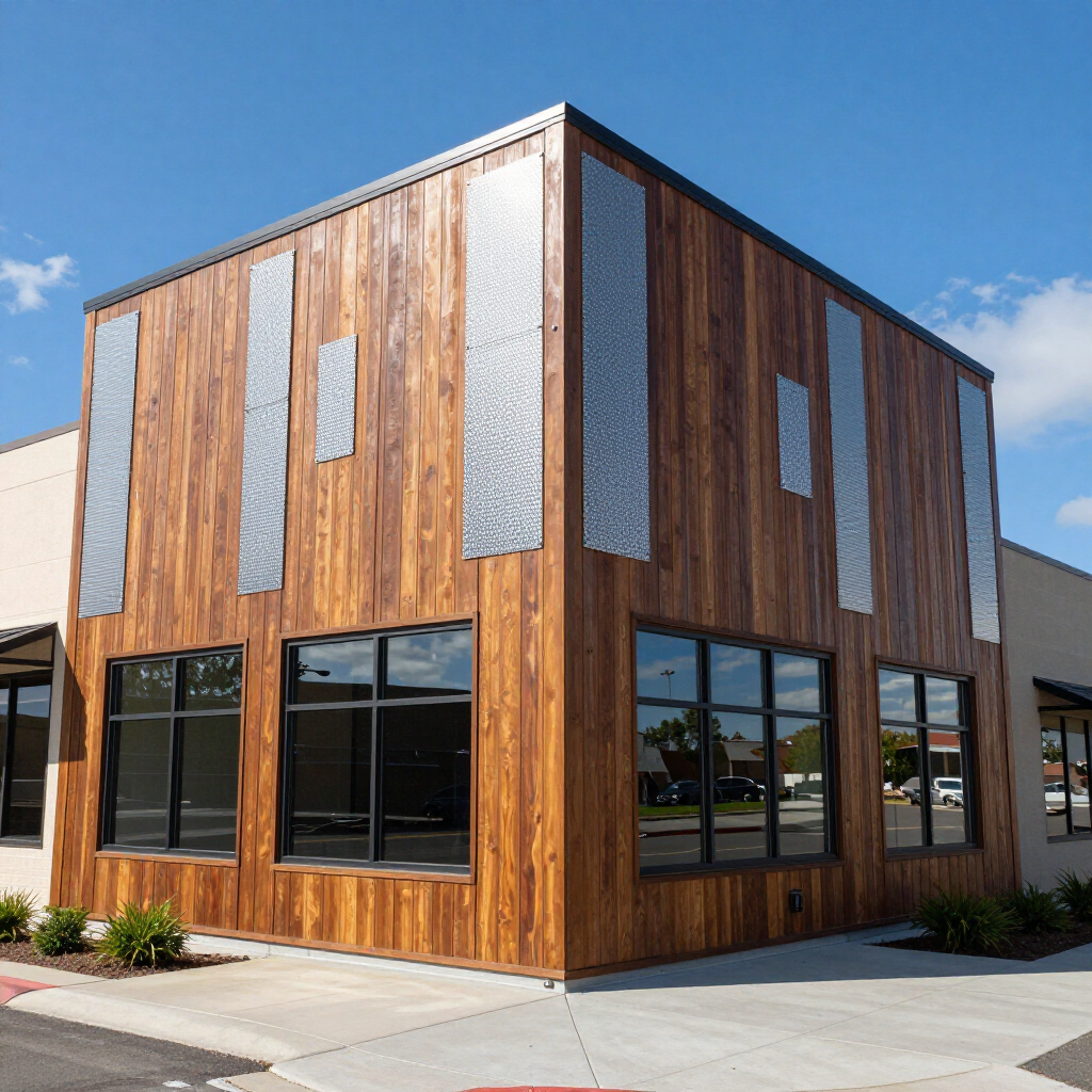 Modern two-story building with wood panel siding, black windows, and white vertical accents