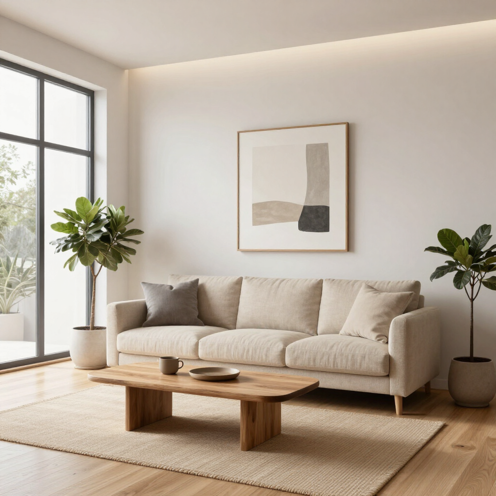 Modern minimalist living room with beige sofa, wooden coffee table, plants, and framed wall art by a large window