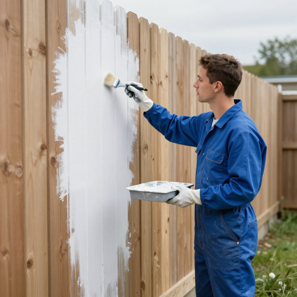 Person in blue coveralls painting a wooden fence white outdoors