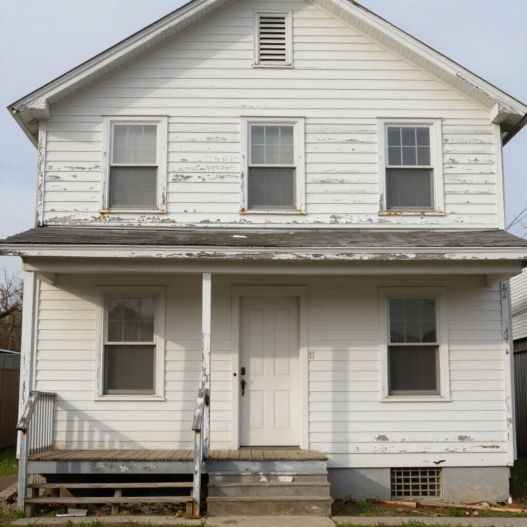 White two-story house with peeling paint, front porch, steps, and several windows under a gray sky