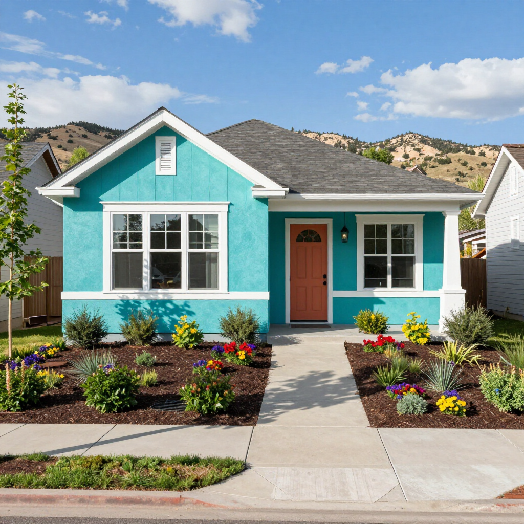 Turquoise house with coral door and landscaped front yard under a blue sky