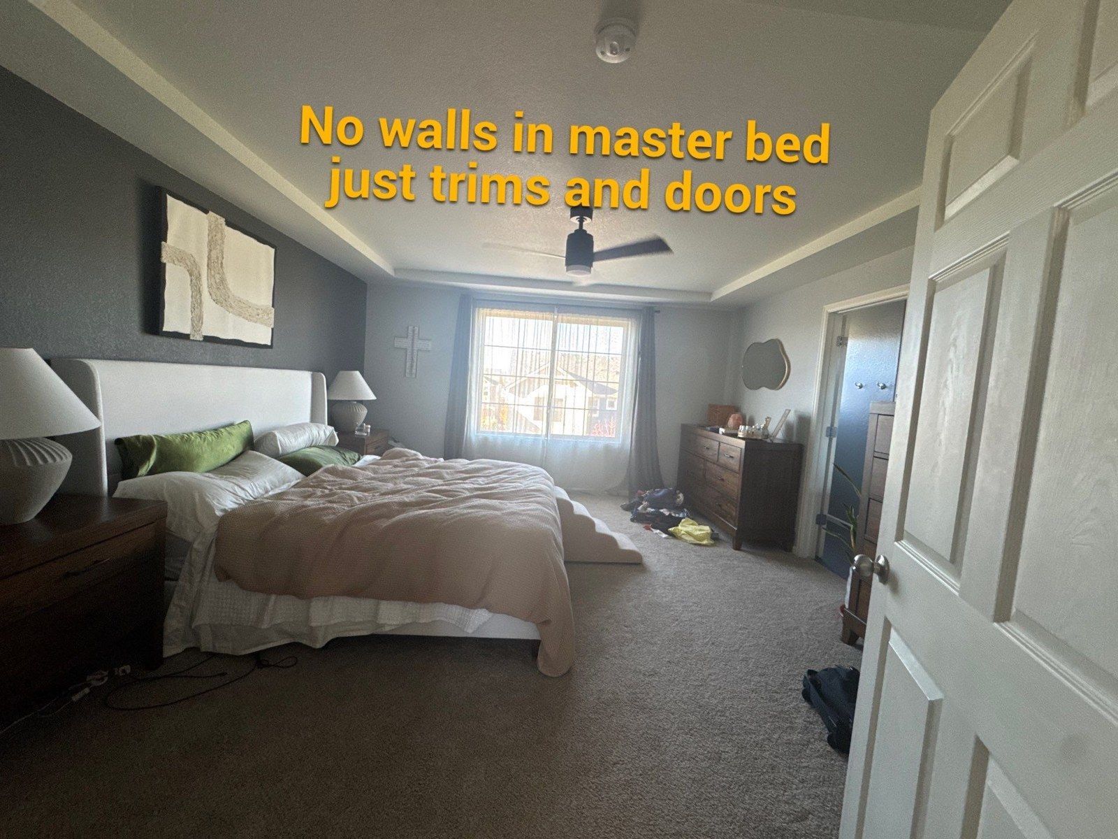Actual bedroom estimate photo annotated to preserve walls and review trim and doors