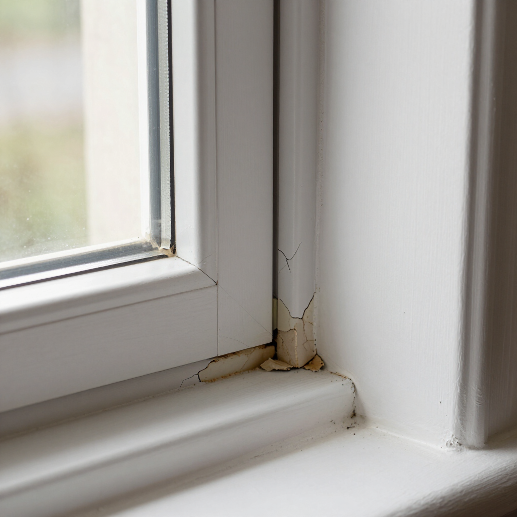 White window frame corner with peeling caulk and water damage near the sill