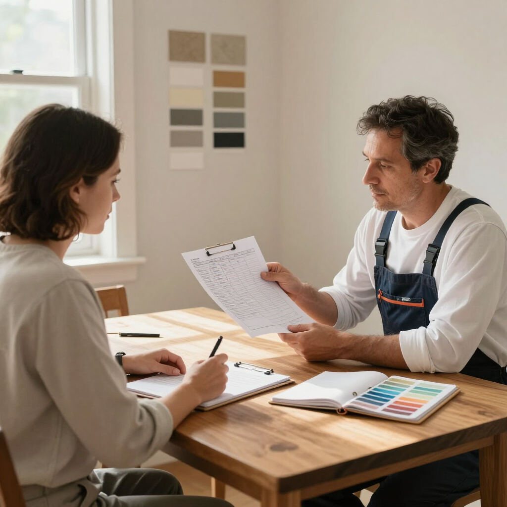 Two people reviewing color swatches and paperwork at a desk in a bright room