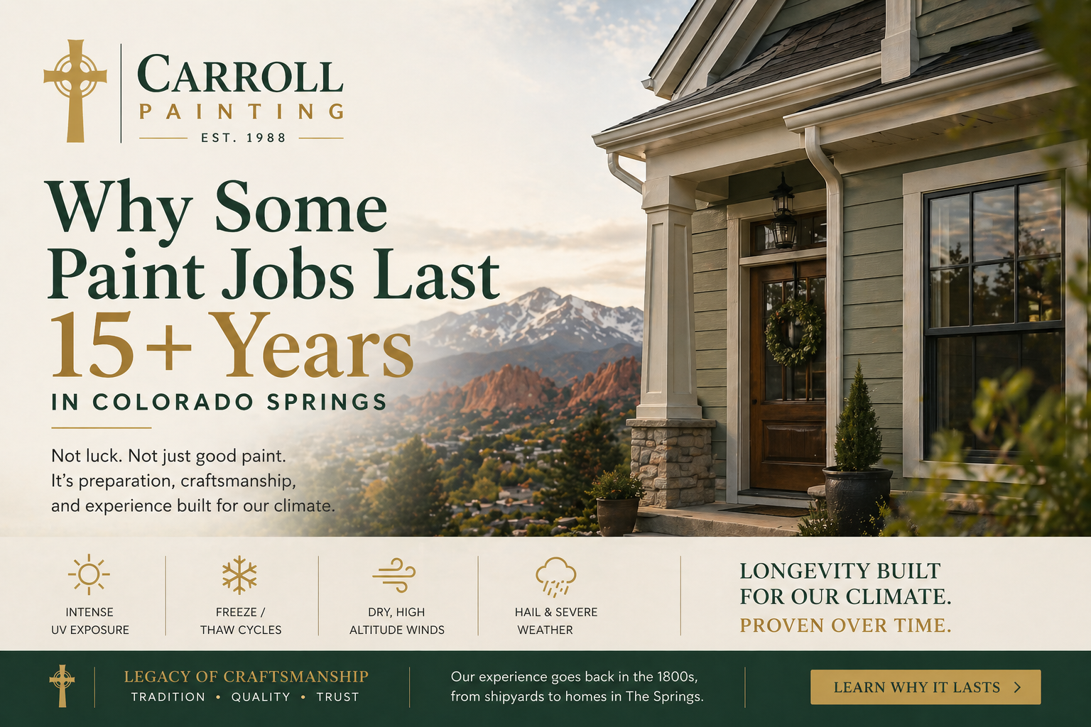 Carroll Painting ad with house exterior and mountain backdrop, stating some paint jobs last 15+ years in Colorado Springs