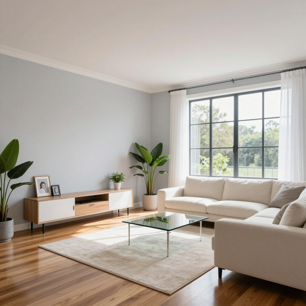 Bright living room with white sectional sofa, wooden console, plants, and large window with daylight