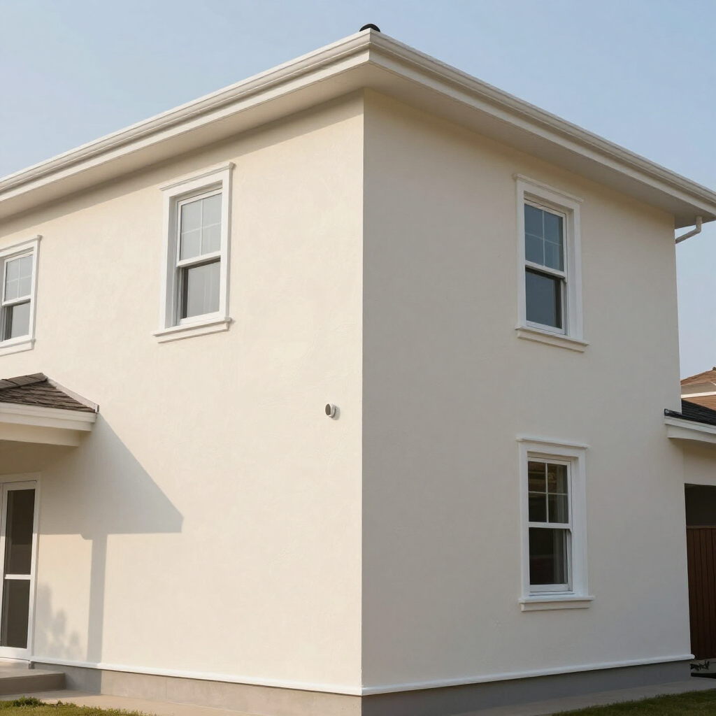 Modern two-story cream house exterior with white-trimmed windows and a light gray roof overhang