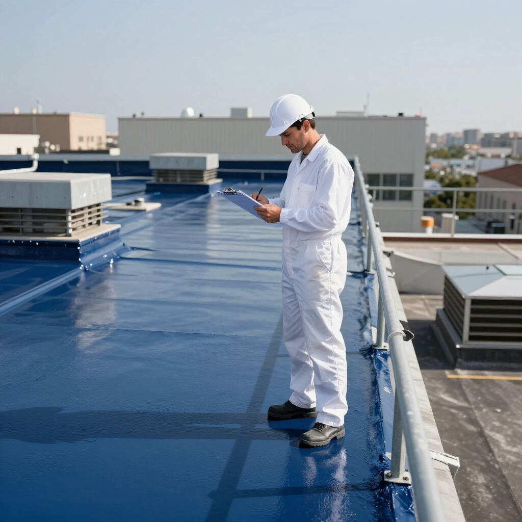 Worker in white protective gear inspecting a blue rooftop membrane on a building roof.